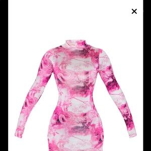 Hot Pink Dragon Print Slinky High Neck Long Sleeve Bodycon Dress